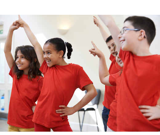 5 kids in red shirts dancing in a white room