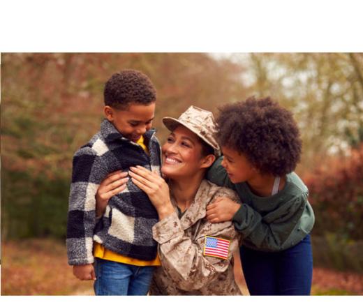 Military mom hugging kids